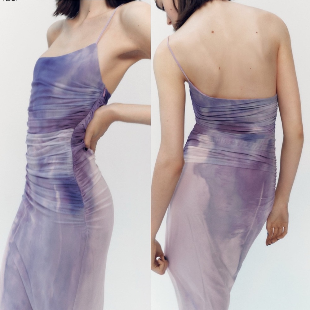 NWT Zara Purple Printed One Shoulder Tulle Dress with Asymmetrical neckline XL